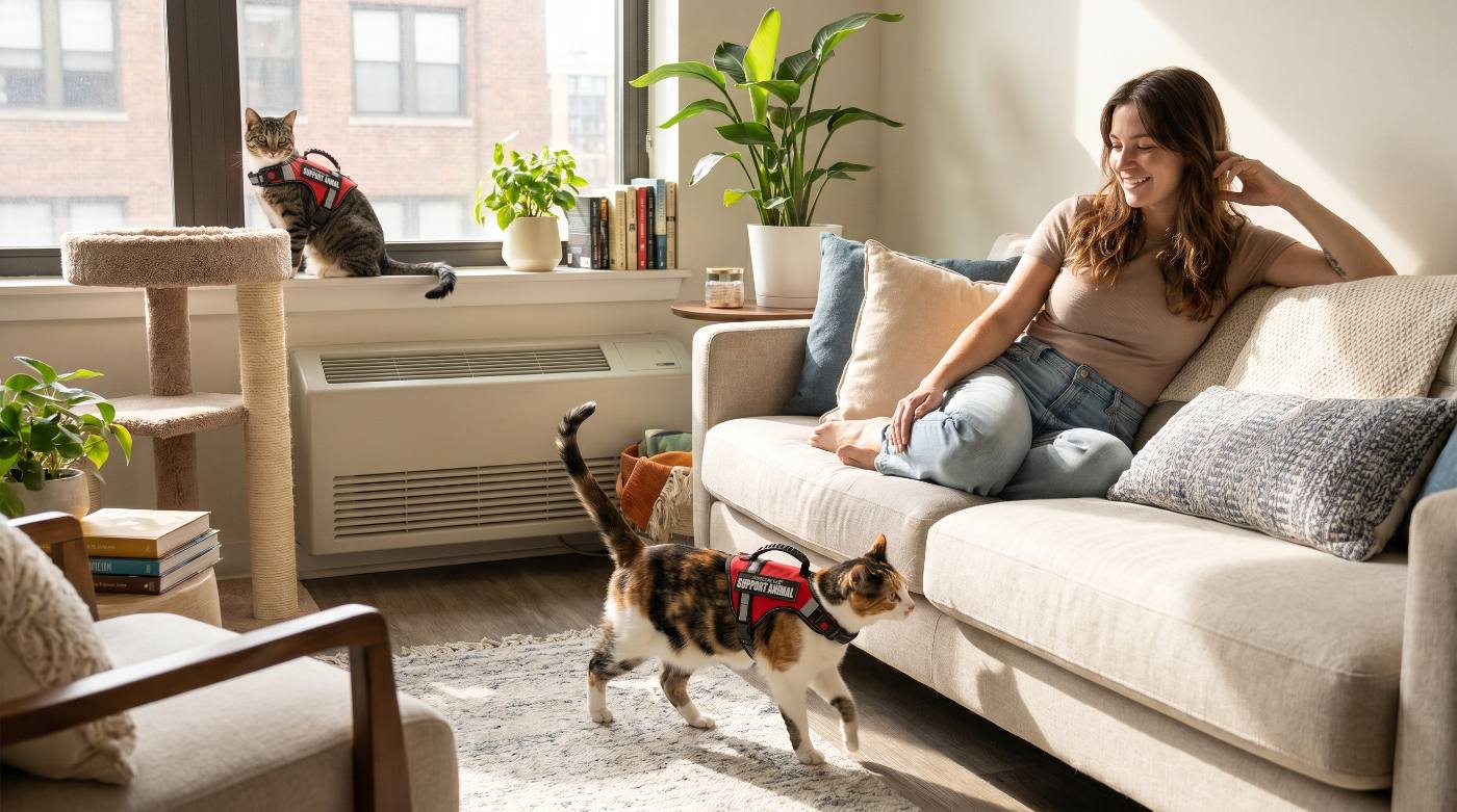 A person relaxing at home with two cats on a sunny afternoon.