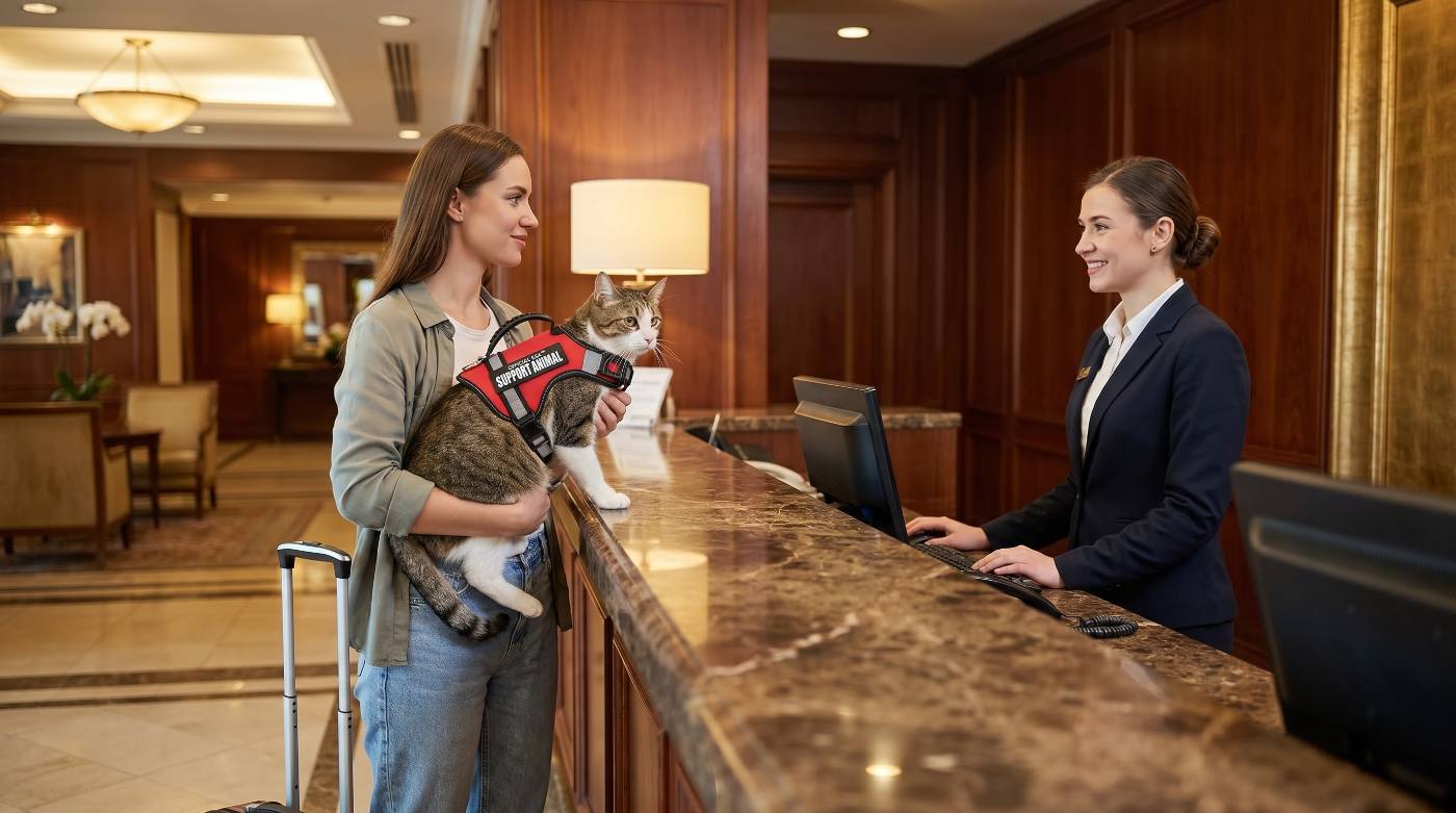 A cat settling in on a crisp hotel bed while traveling with its owner.