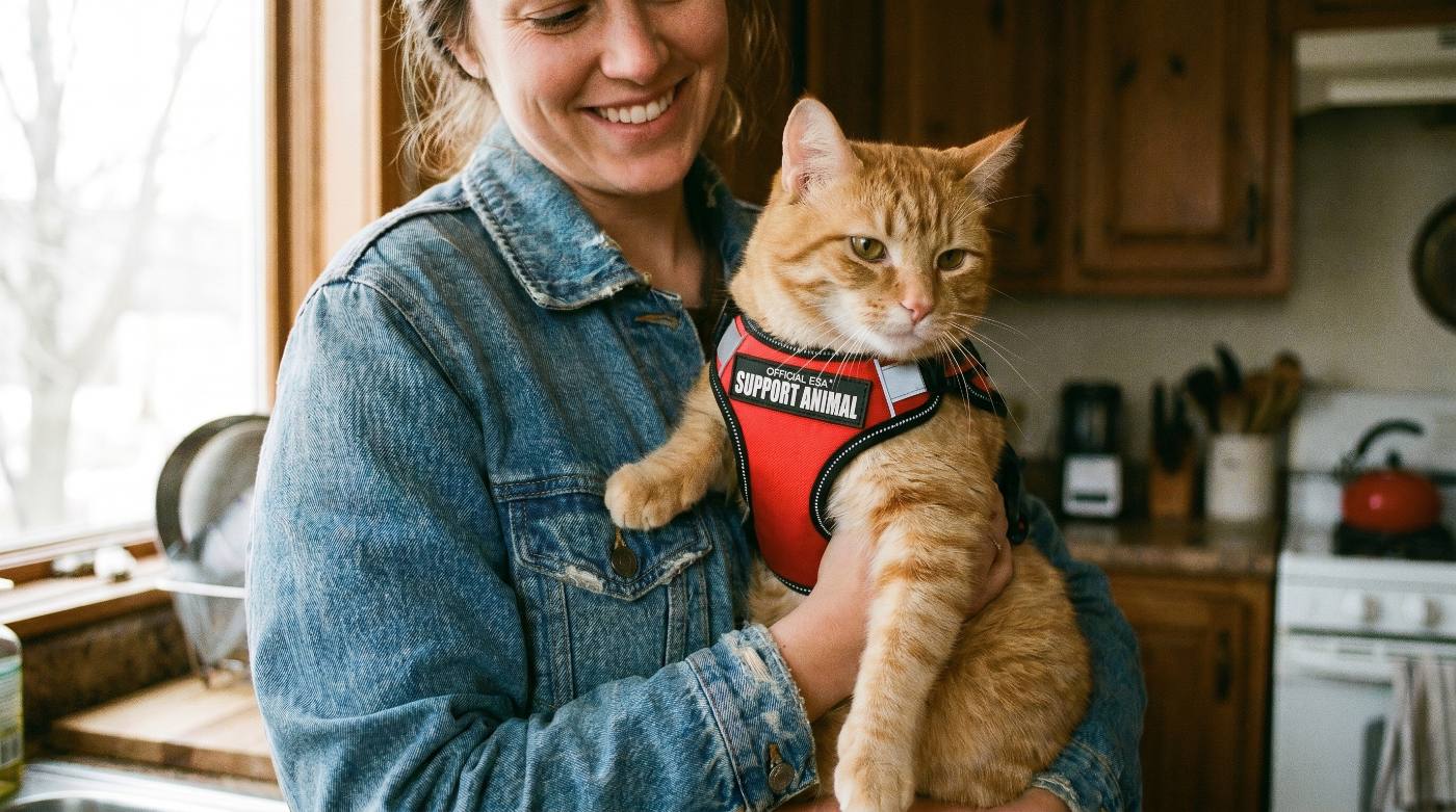 A woman smiling while holding her cat in a bright, modern living room.