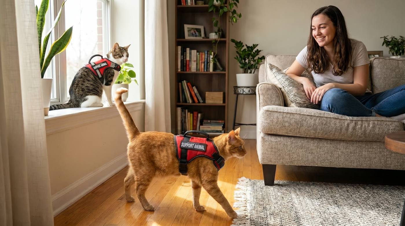 Two cats at home on a sofa, cozy apartment setting.