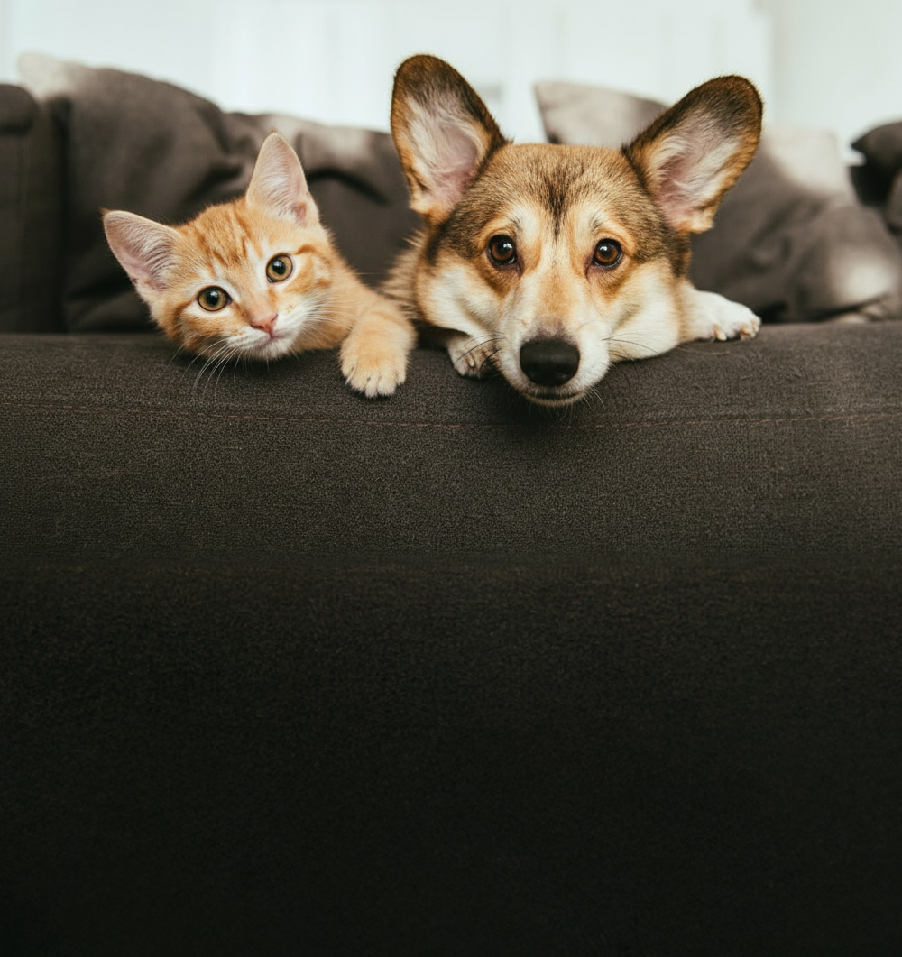 A corgi and an orange kitten resting together on a sofa.